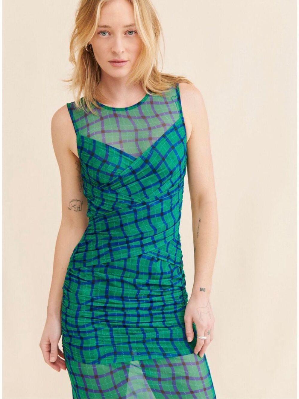 Simon Miller Sz L Kinny Ruched Plaid Mesh Midi Dress Anthropologie Green Blue - Picture 10 of 12